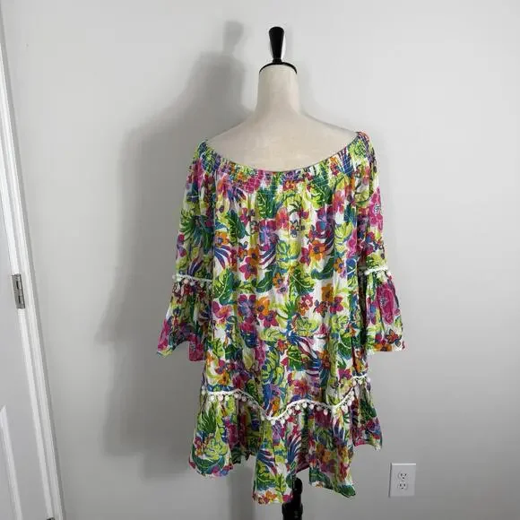 NEW True Destinations Colorful Floral Printed Off Shoulder Cotton Dress Beach XL - Picture 4 of 7